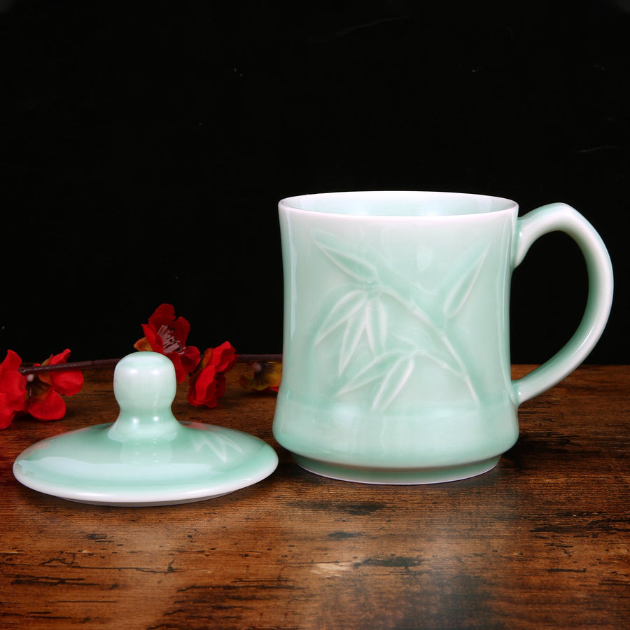 Celadon Teacup, Green Valley Luxury Bamboo Leaf Pattern Celadon Cup with Lid, 13oz, Plum Green