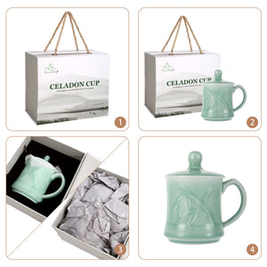Celadon Teacup, Green Valley Luxury Bamboo Leaf Pattern Celadon Cup with Lid, 13oz, Plum Green
