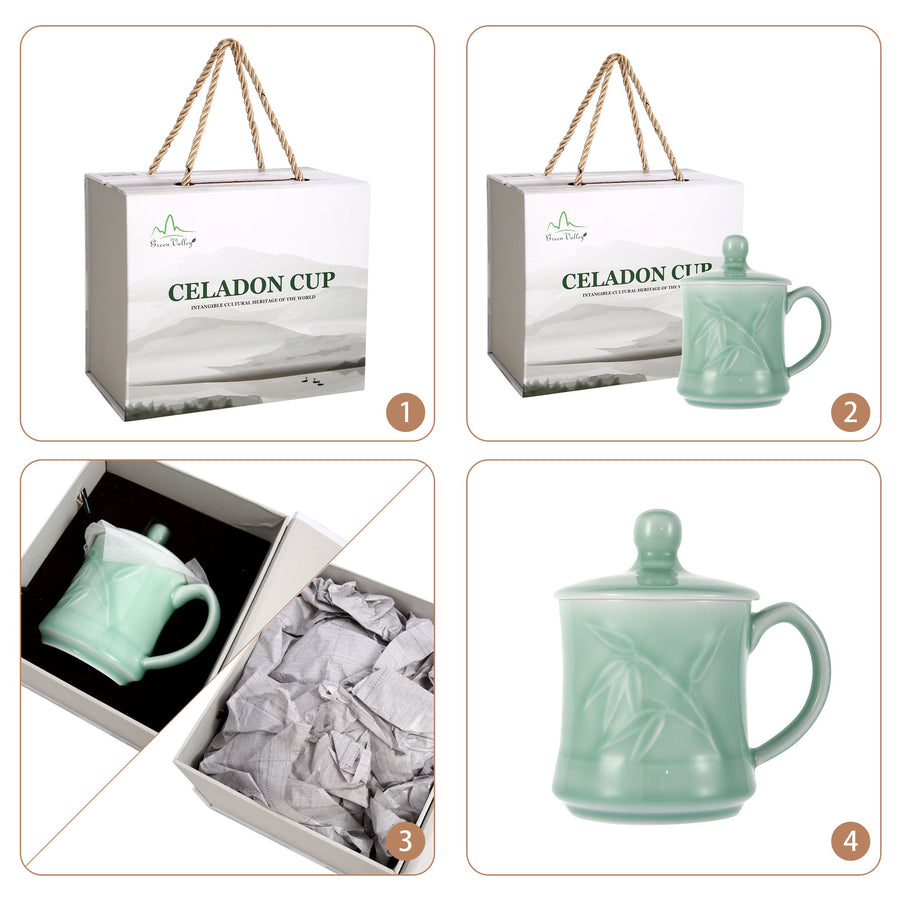 Celadon Teacup, Green Valley Luxury Bamboo Leaf Pattern Celadon Cup with Lid, 13oz, Plum Green