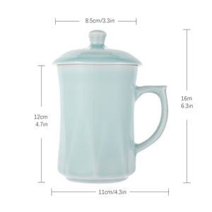 Celadon Teacup, Green Valley Luxury Diamond Shaped Celadon Cup with Lid, 13oz, Light Greenish Blue