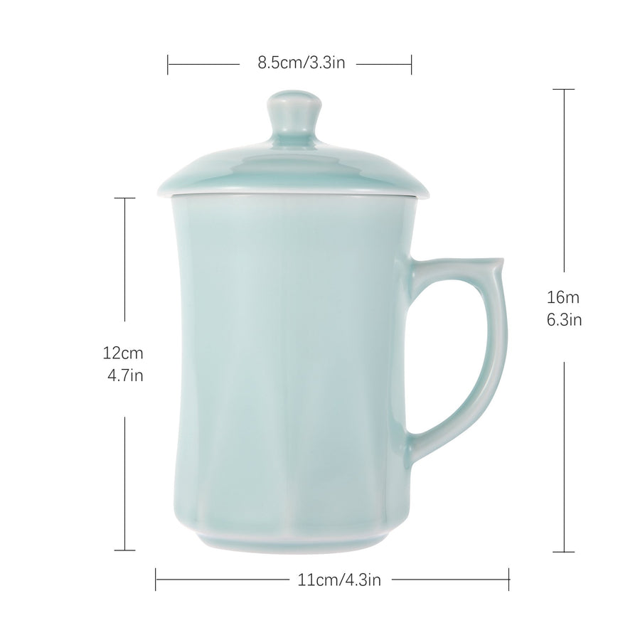 Celadon Teacup, Green Valley Luxury Diamond Shaped Celadon Cup with Lid, 13oz, Light Greenish Blue