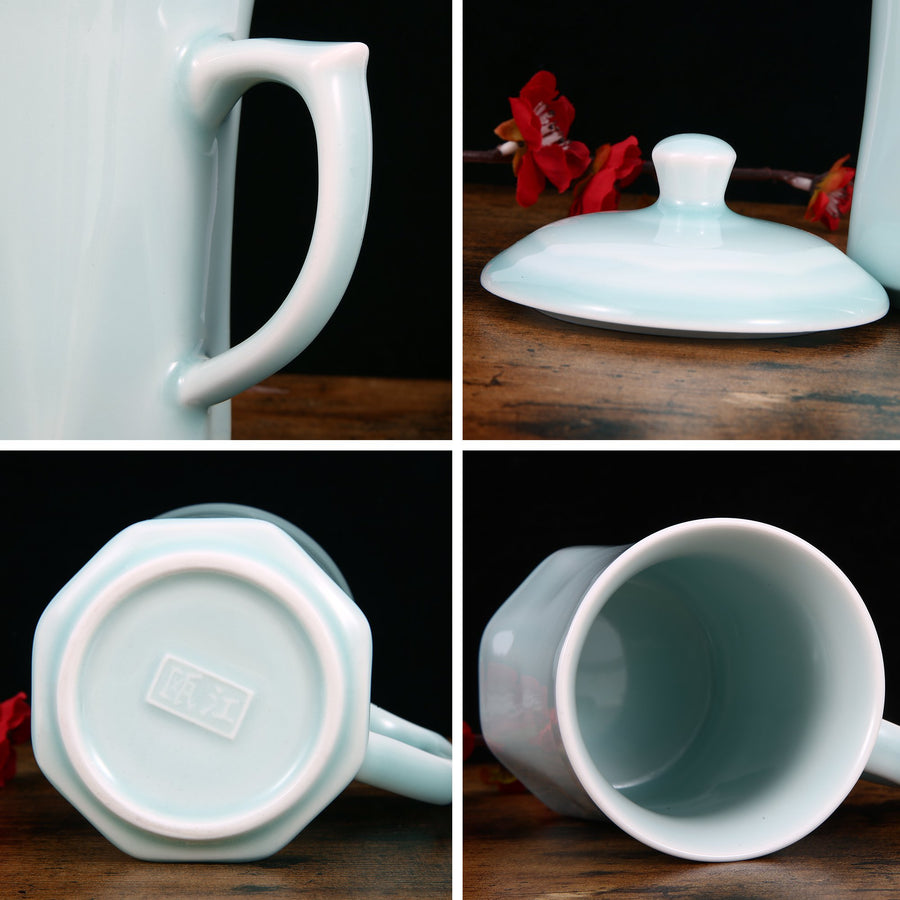 Celadon Teacup, Green Valley Luxury Diamond Shaped Celadon Cup with Lid, 13oz, Light Greenish Blue