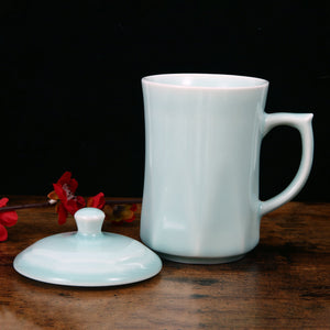 Celadon Teacup, Green Valley Luxury Diamond Shaped Celadon Cup with Lid, 13oz, Light Greenish Blue