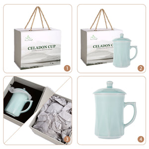 Celadon Teacup, Green Valley Luxury Diamond Shaped Celadon Cup with Lid, 13oz, Light Greenish Blue
