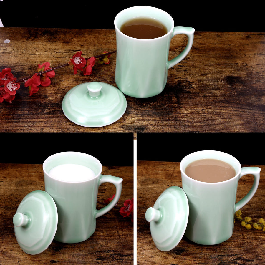 Celadon Teacup, Green Valley Luxury Diamond Shaped Celadon Cup with Lid, 13oz, Plum Green