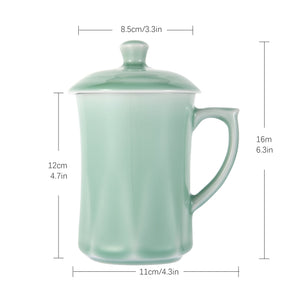 Celadon Teacup, Green Valley Luxury Diamond Shaped Celadon Cup with Lid, 13oz, Plum Green