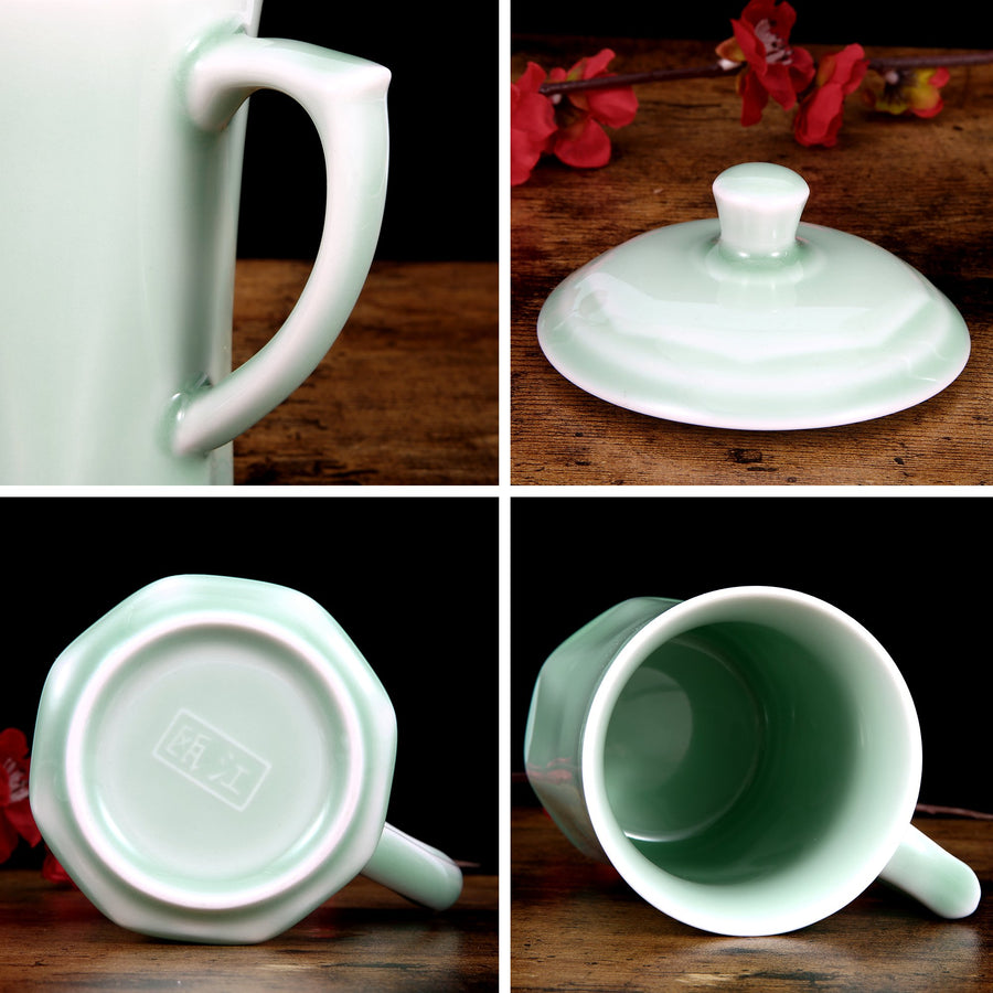Celadon Teacup, Green Valley Luxury Diamond Shaped Celadon Cup with Lid, 13oz, Plum Green