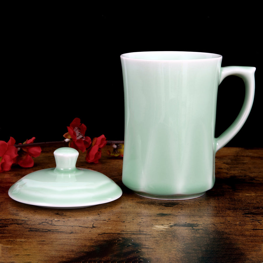 Celadon Teacup, Green Valley Luxury Diamond Shaped Celadon Cup with Lid, 13oz, Plum Green