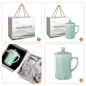 Celadon Teacup, Green Valley Luxury Diamond Shaped Celadon Cup with Lid, 13oz, Plum Green