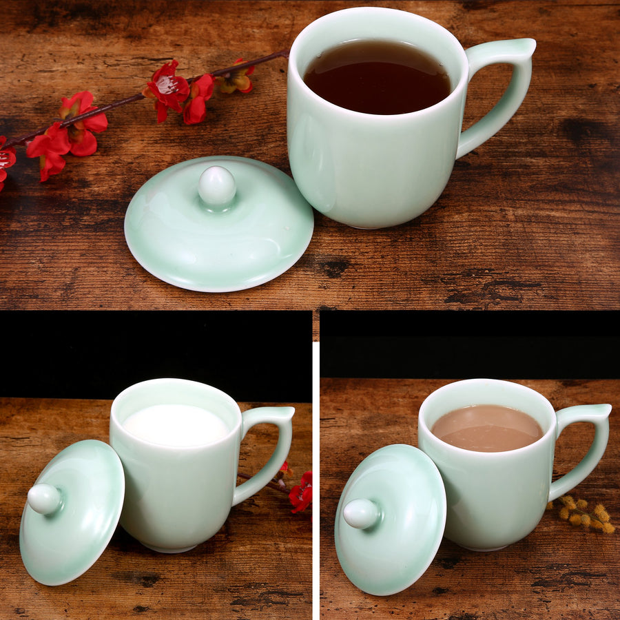 Celadon Teacup, Green Valley Luxury Ancient Chinese Generals Celadon Cup with Lid, 15oz, Plum Green