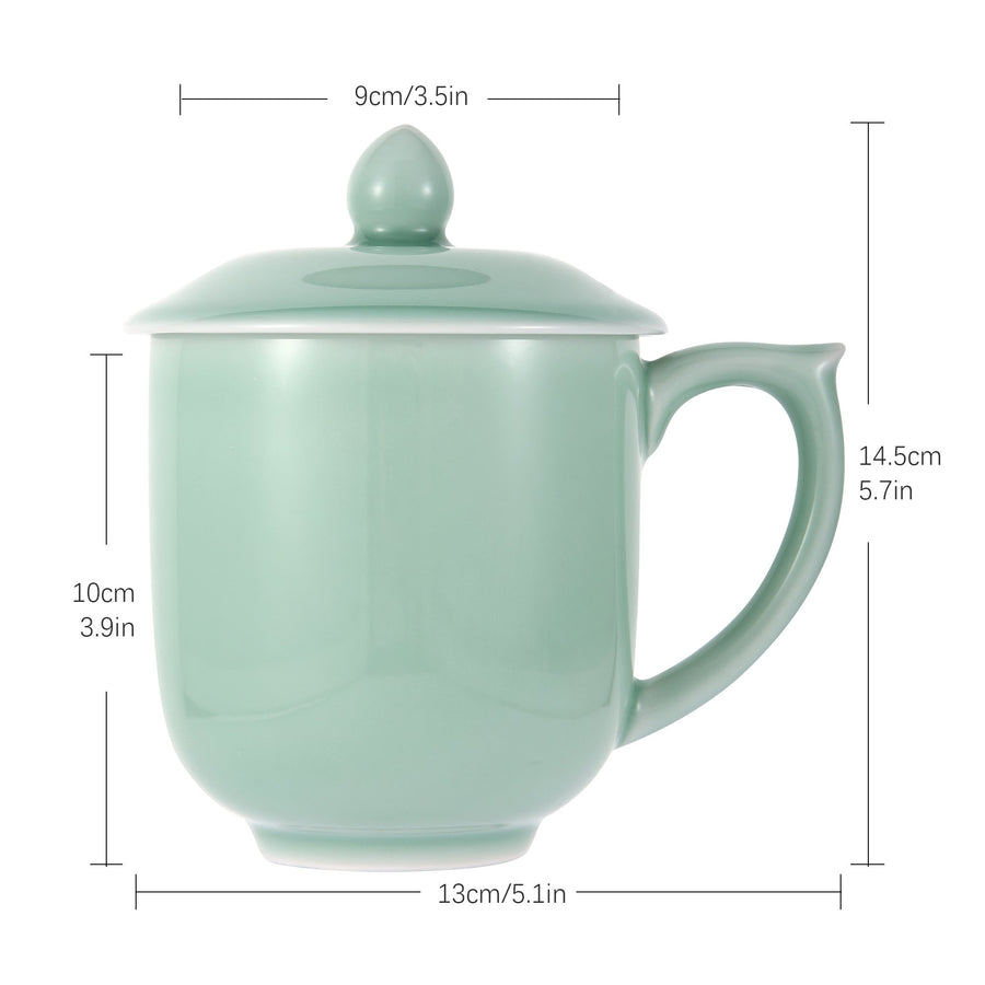 Celadon Teacup, Green Valley Luxury Ancient Chinese Generals Celadon Cup with Lid, 15oz, Plum Green