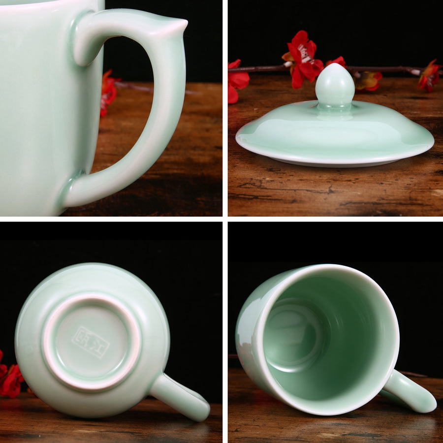Celadon Teacup, Green Valley Luxury Ancient Chinese Generals Celadon Cup with Lid, 15oz, Plum Green