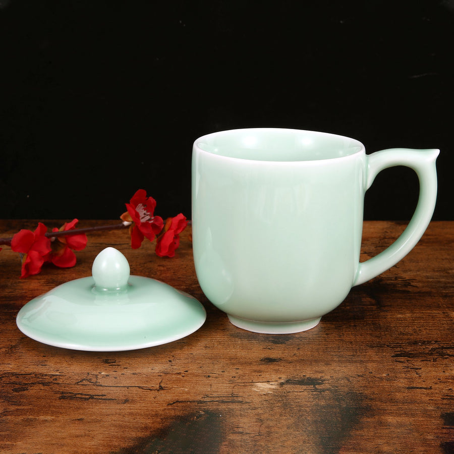 Celadon Teacup, Green Valley Luxury Ancient Chinese Generals Celadon Cup with Lid, 15oz, Plum Green