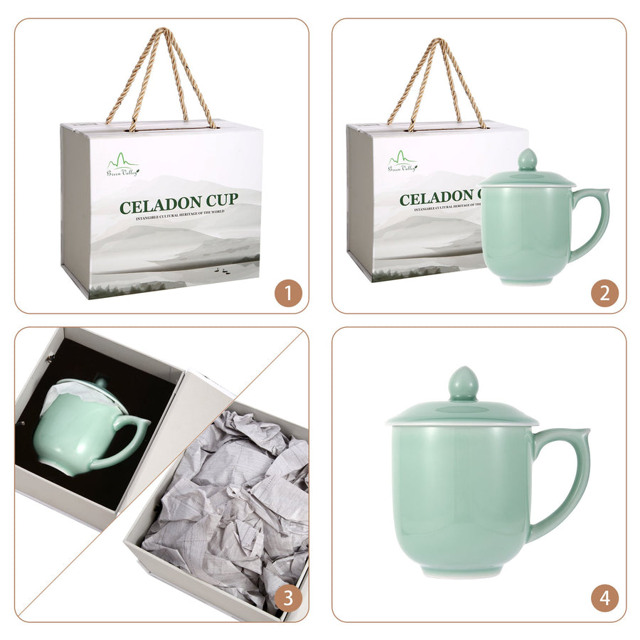 Celadon Teacup, Green Valley Luxury Ancient Chinese Generals Celadon Cup with Lid, 15oz, Plum Green