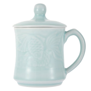 Celadon Teacup, Green Valley Luxury Pisces Pattern Celadon Cup with Lid, 13oz, Light Greenish Blue