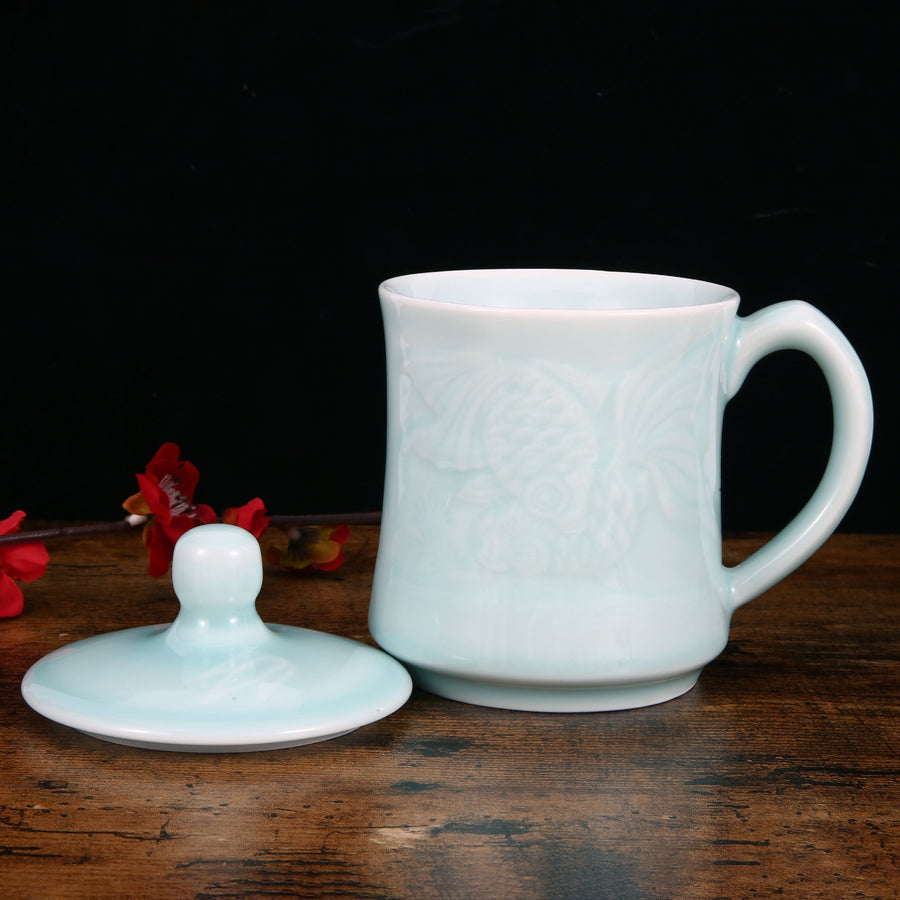 Celadon Teacup, Green Valley Luxury Pisces Pattern Celadon Cup with Lid, 13oz, Light Greenish Blue