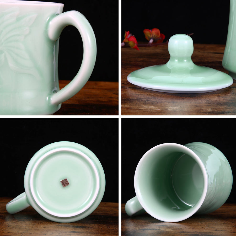 Celadon Teacup, Green Valley Luxury Pisces Pattern Celadon Cup with Lid, 13oz, Plum Green