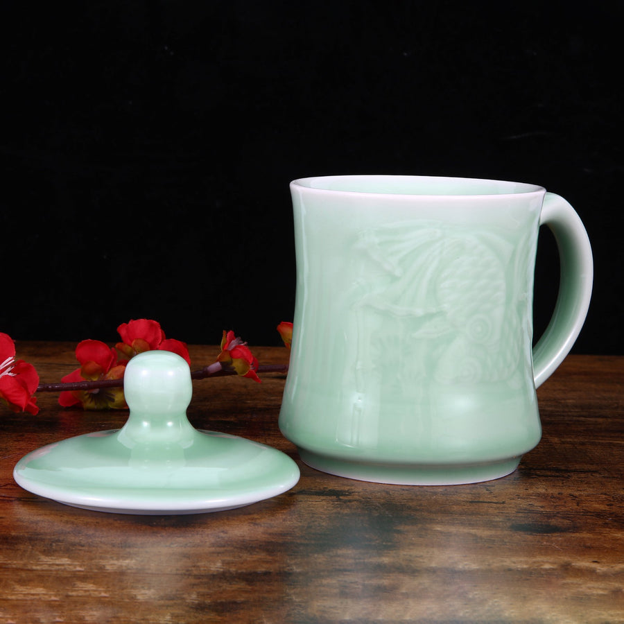 Celadon Teacup, Green Valley Luxury Pisces Pattern Celadon Cup with Lid, 13oz, Plum Green