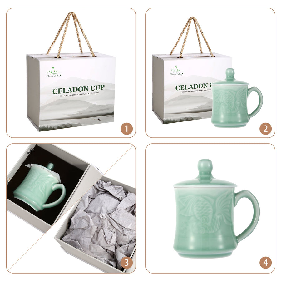 Celadon Teacup, Green Valley Luxury Pisces Pattern Celadon Cup with Lid, 13oz, Plum Green