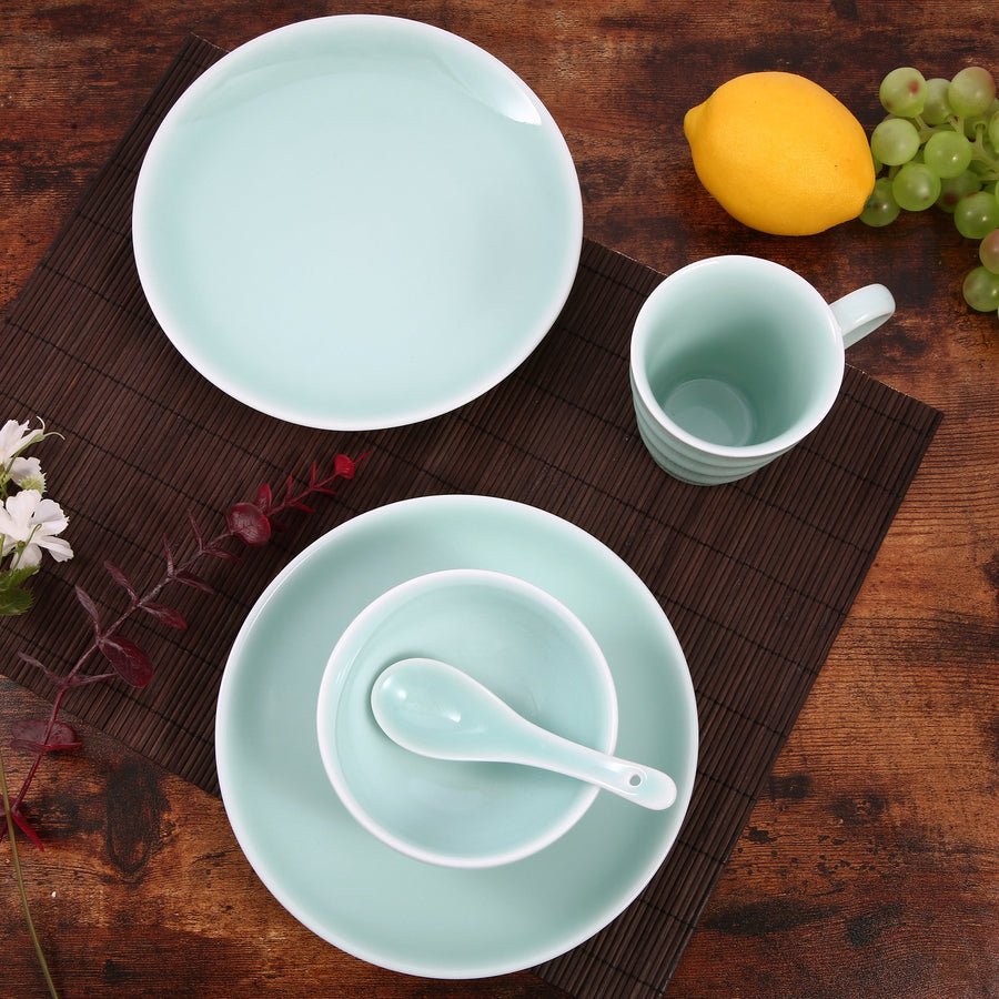 Green Valley High-Quality Luxury 21-Piece Peony Pattern Celadon Kitchen Tableware Set, Light Greenish Blue