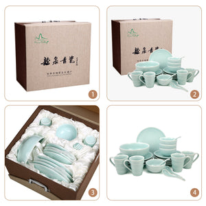 Green Valley High-Quality Luxury 21-Piece Peony Pattern Celadon Kitchen Tableware Set, Light Greenish Blue