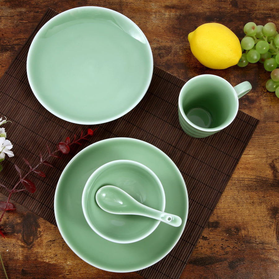 Green Valley High-Quality Luxury 21-Piece Peony Pattern Celadon Kitchen Tableware Set, Plum Green