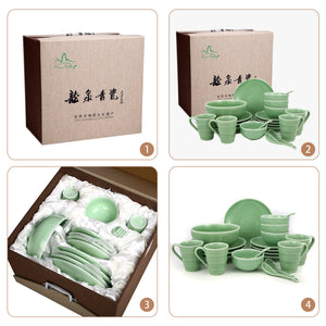 Green Valley High-Quality Luxury 21-Piece Peony Pattern Celadon Kitchen Tableware Set, Plum Green
