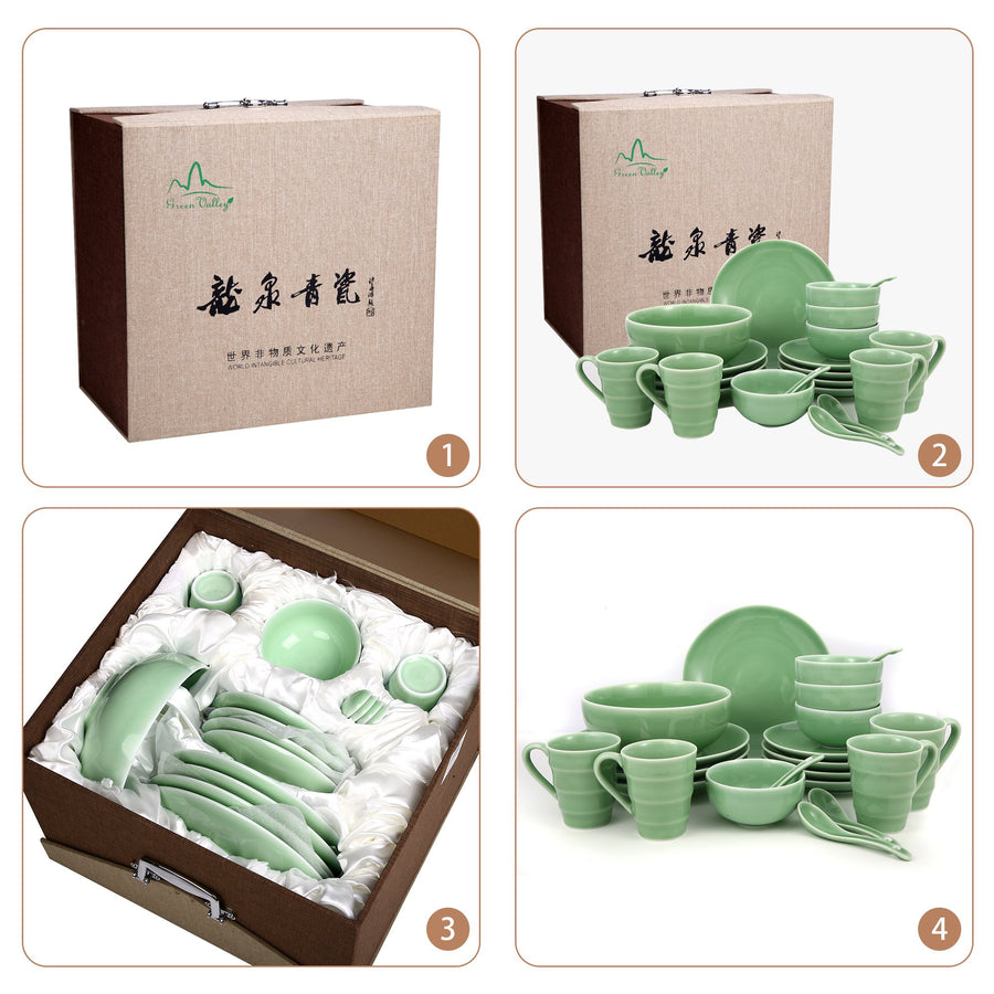 Green Valley High-Quality Luxury 21-Piece Peony Pattern Celadon Kitchen Tableware Set, Plum Green