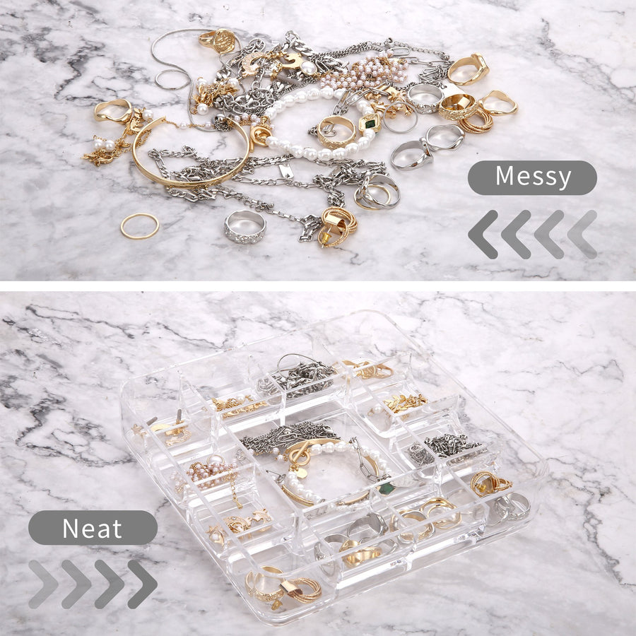 Vanity Tray, 13-Compartment Stacking Jewelry Tray, ROSELIFE Acrylic  Jewelry Ring Dish Holder, Transparent