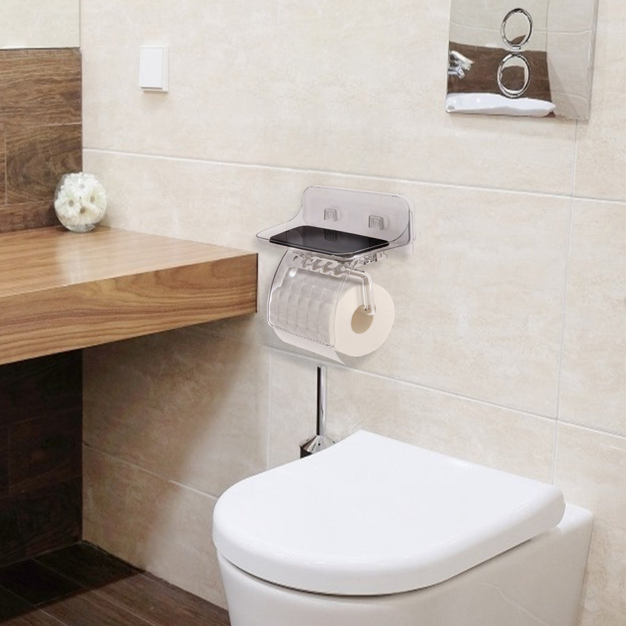Toilet Paper Holder, ROSELIFE Tissue Holder w/ Phone Tray, Traceless Super Sticky Gel Pad installation, Clear
