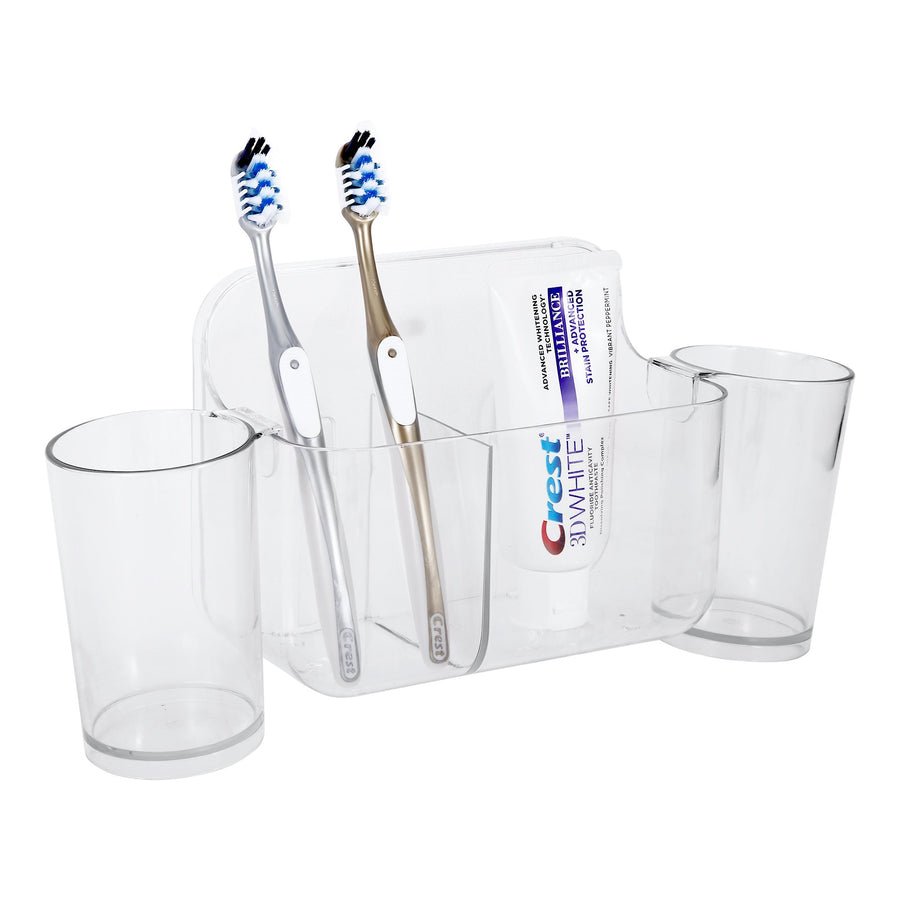 Sticky Toothbrush Center w/ Two Cup, ROSELIFE Toothbrush Storage Tray, Magic Stick Installation, Punchless, Clear