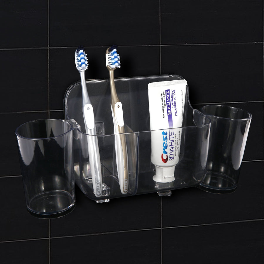 Sticky Toothbrush Center w/ Two Cup, ROSELIFE Toothbrush Storage Tray, Magic Stick Installation, Punchless, Clear