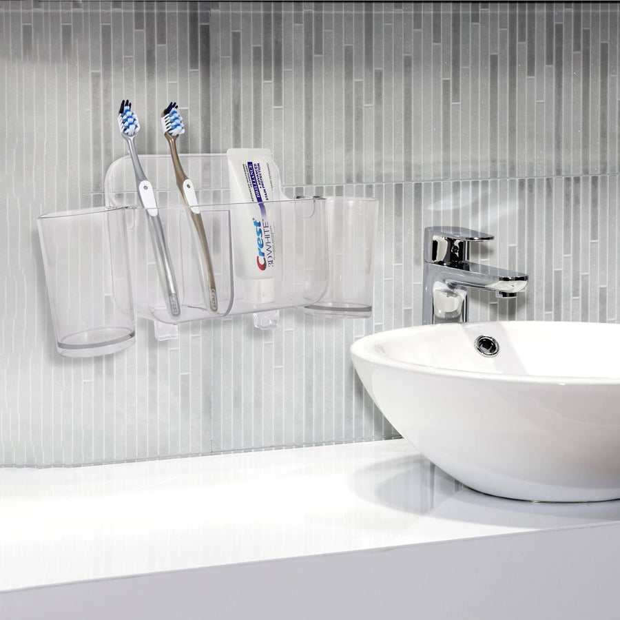 Sticky Toothbrush Center w/ Two Cup, ROSELIFE Toothbrush Storage Tray, Magic Stick Installation, Punchless, Clear