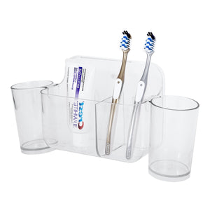 Sticky Toothbrush Center w/ Two Cup, ROSELIFE Toothbrush Storage Tray, Magic Stick Installation, Punchless, Clear