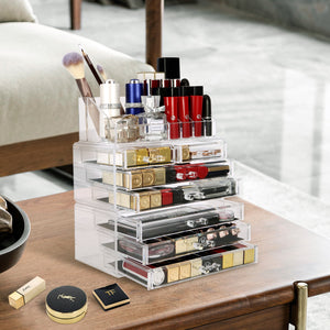 Cosmetic Storage Organizer, Makeup Case, ROSELIFE [TEC] 3 Pieces Kit Jewelry Display, 7 Drawers, 16 Slots, Detachable, Clear
