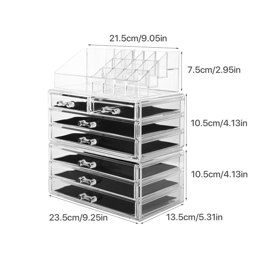 Cosmetic Storage Organizer, Makeup Case, ROSELIFE [TEC] 3 Pieces Kit Jewelry Display, 7 Drawers, 16 Slots, Detachable, Clear