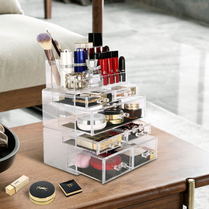 Cosmetic Storage Organizer, Makeup Case, ROSELIFE [TFD] 3 Pieces Kit Jewelry Display, 7 Drawers, 16 Slots, Detachable, Clear