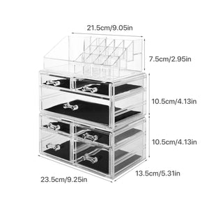 Cosmetic Storage Organizer, Makeup Case, ROSELIFE [TFD] 3 Pieces Kit Jewelry Display, 7 Drawers, 16 Slots, Detachable, Clear