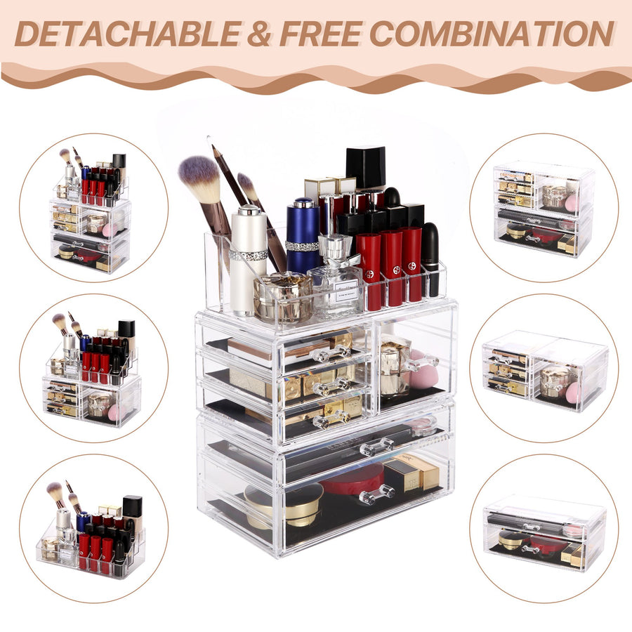 Cosmetic Storage Organizer, Makeup Case, ROSELIFE [TGA] 3 Pieces Kit Jewelry Display, 6 Drawers, 16 Slots, Detachable, Clear