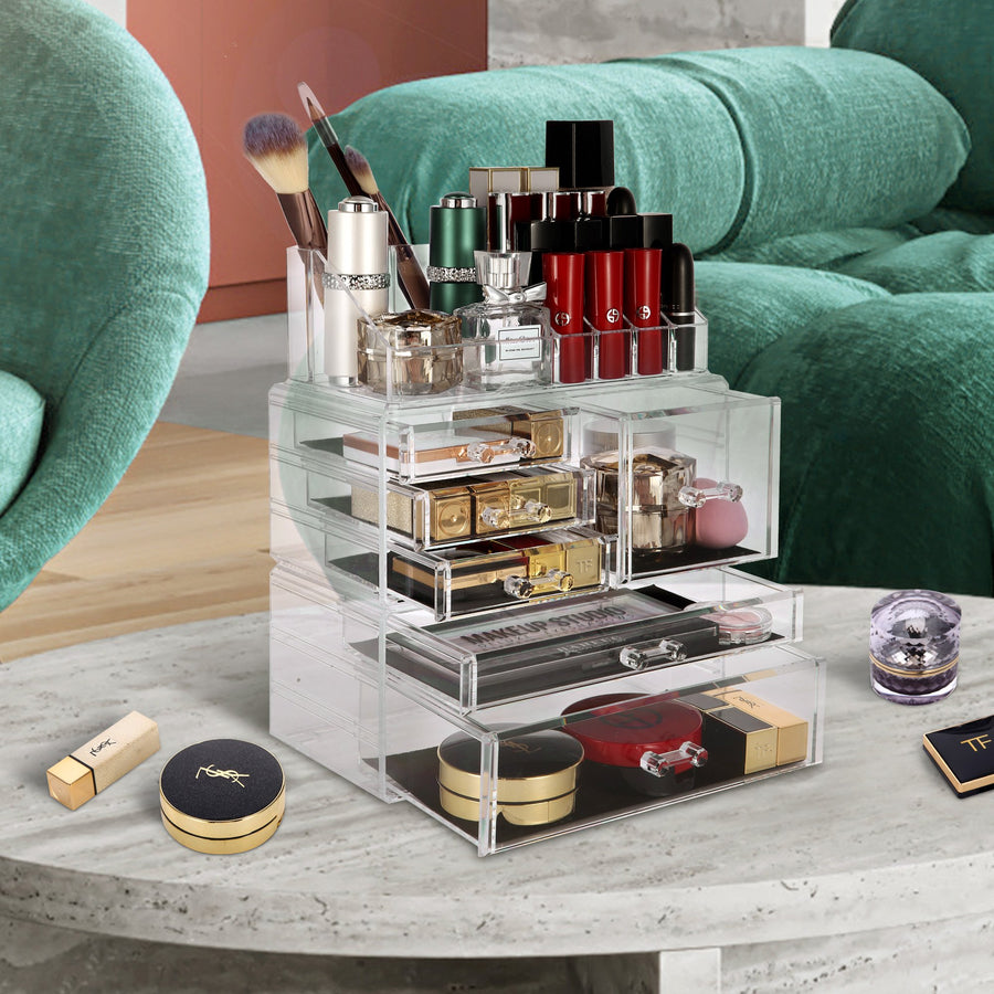 Cosmetic Storage Organizer, Makeup Case, ROSELIFE [TGA] 3 Pieces Kit Jewelry Display, 6 Drawers, 16 Slots, Detachable, Clear