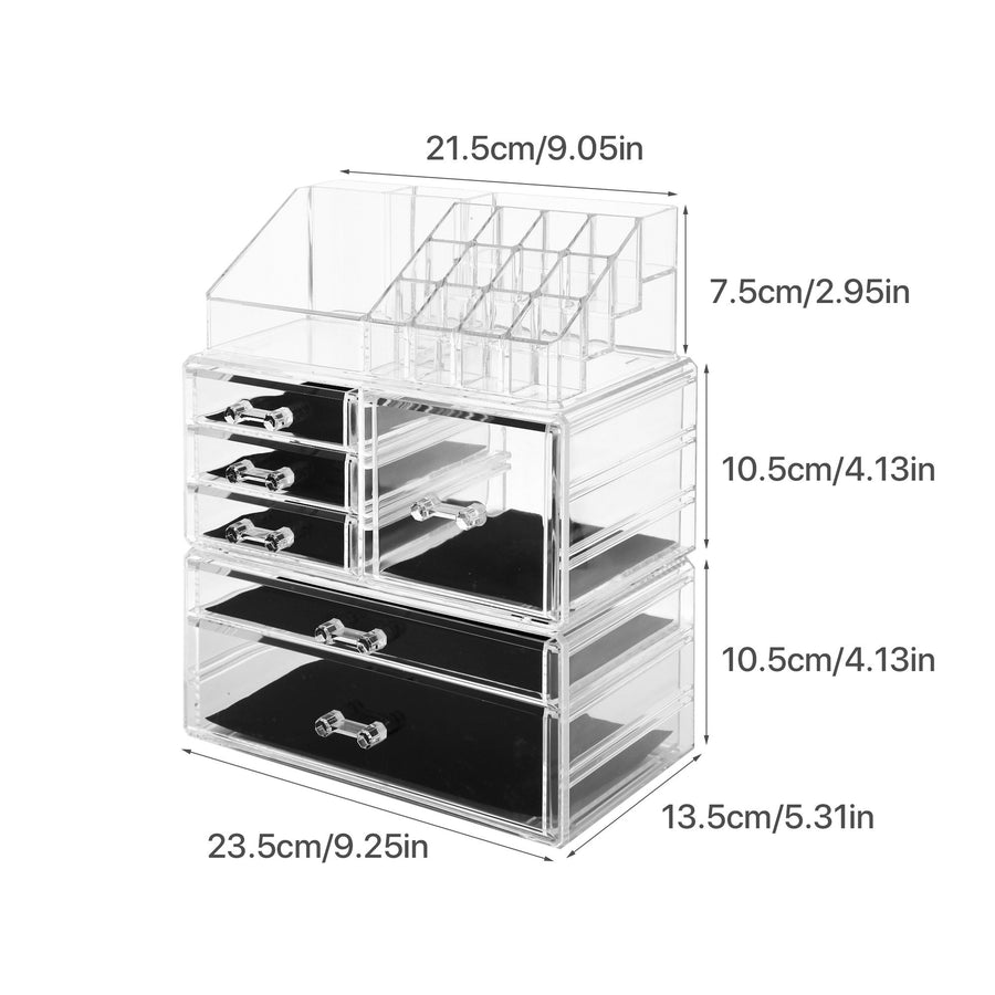 Cosmetic Storage Organizer, Makeup Case, ROSELIFE [TGA] 3 Pieces Kit Jewelry Display, 6 Drawers, 16 Slots, Detachable, Clear