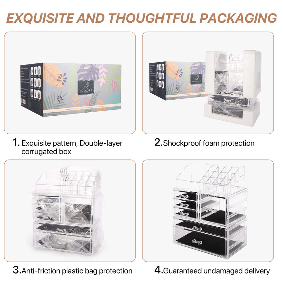 Cosmetic Storage Organizer, Makeup Case, ROSELIFE [TGA] 3 Pieces Kit Jewelry Display, 6 Drawers, 16 Slots, Detachable, Clear