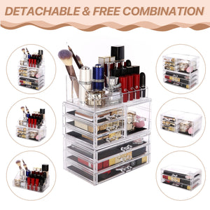 Cosmetic Storage Organizer, Makeup Case, ROSELIFE [TGC] 3 Pieces Kit Jewelry Display, 7 Drawers, 16 Slots, Detachable, Clear