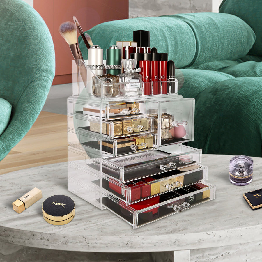 Cosmetic Storage Organizer, Makeup Case, ROSELIFE [TGC] 3 Pieces Kit Jewelry Display, 7 Drawers, 16 Slots, Detachable, Clear