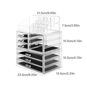 Cosmetic Storage Organizer, Makeup Case, ROSELIFE [TGC] 3 Pieces Kit Jewelry Display, 7 Drawers, 16 Slots, Detachable, Clear