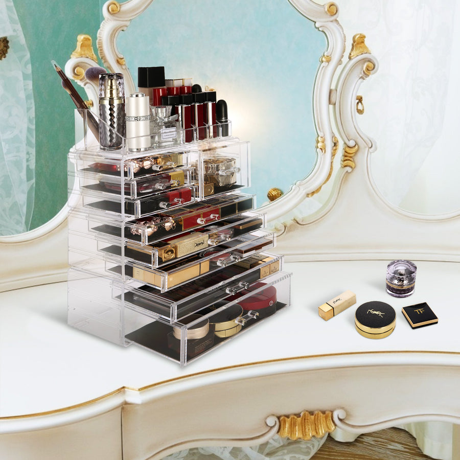 Cosmetic Storage Organizer, Makeup Case, ROSELIFE [TGCA] 4 Pieces Kit Jewelry Display, 9 Drawers, 16 Slots, Detachable, Clear