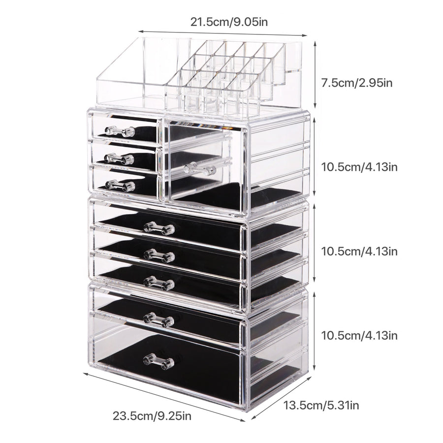 Cosmetic Storage Organizer, Makeup Case, ROSELIFE [TGCA] 4 Pieces Kit Jewelry Display, 9 Drawers, 16 Slots, Detachable, Clear