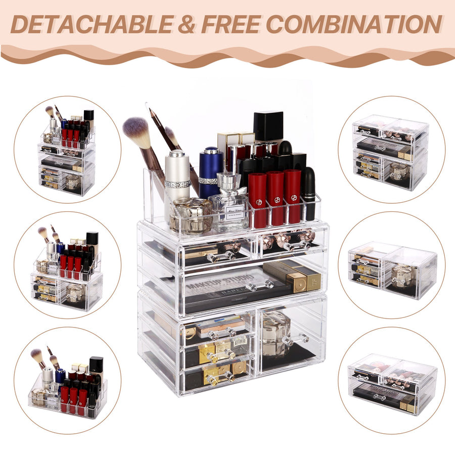 Cosmetic Storage Organizer, Makeup Case, ROSELIFE [TGD] 3 Pieces Kit Jewelry Display, 7 Drawers, 16 Slots, Detachable, Clear