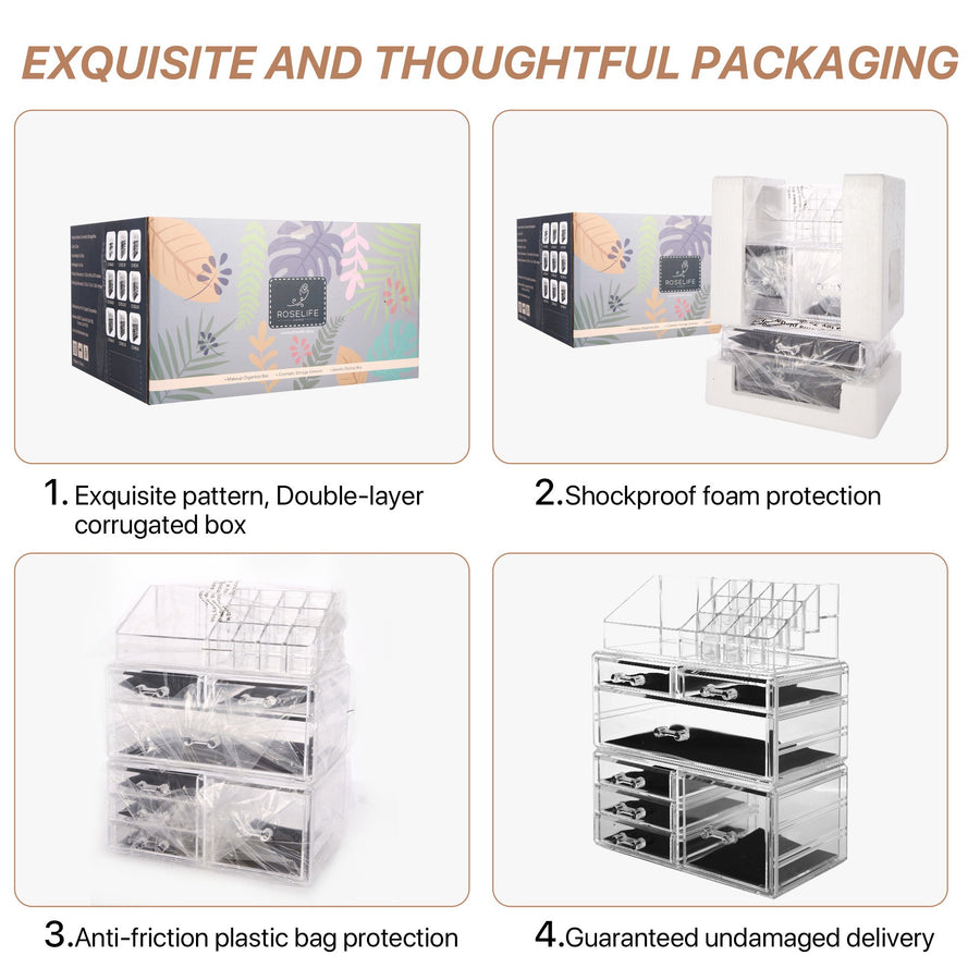 Cosmetic Storage Organizer, Makeup Case, ROSELIFE [TGD] 3 Pieces Kit Jewelry Display, 7 Drawers, 16 Slots, Detachable, Clear
