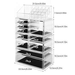 Cosmetic Storage Organizer, Makeup Case, ROSELIFE [TGFA] 4 Pieces Kit Jewelry Display, 10 Drawers, 16 Slots, Detachable, Clear